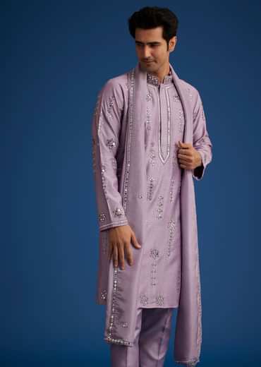 Lilac Kurta Set With Resham Mirror And Zari Embroidery