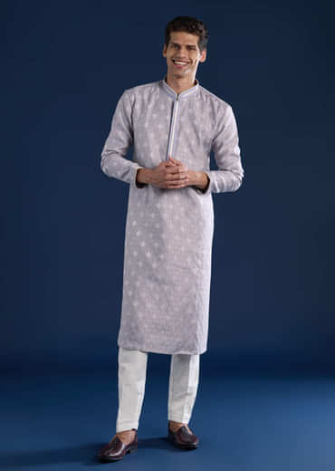 Lilac Mens Jacquard Self Work Kurta and Pant Set