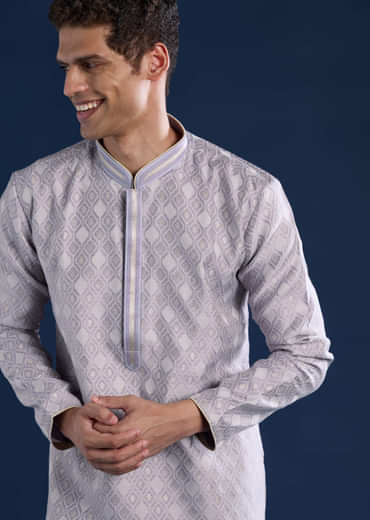 Lilac Mens Jacquard Self Work Kurta and Pant Set