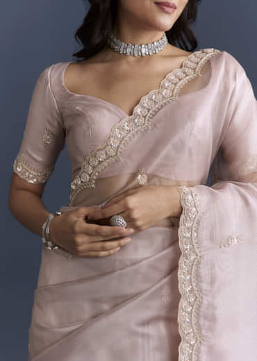 Lilac Net Saree With Heavy Hand Embroidery