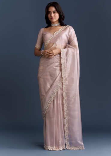 Lilac Net Saree With Heavy Hand Embroidery