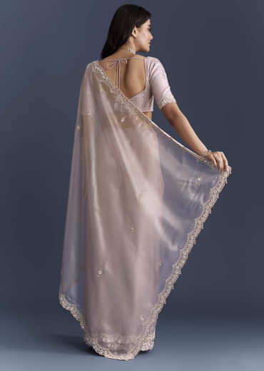 Lilac Net Saree With Heavy Hand Embroidery