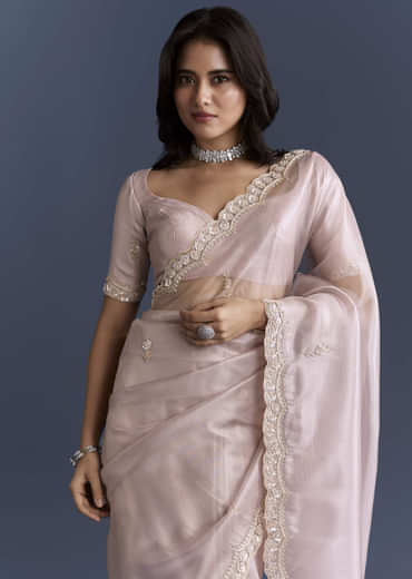 Lilac Net Saree With Heavy Hand Embroidery