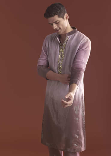 Lilac Ombre Kurta Set For Men With Sequins Embroidery