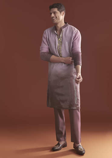 Lilac Ombre Kurta Set For Men With Sequins Embroidery