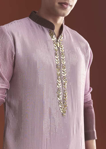 Lilac Ombre Kurta Set For Men With Sequins Embroidery