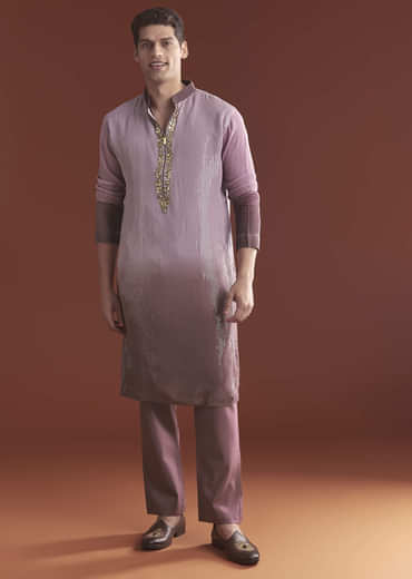 Lilac Ombre Kurta Set For Men With Sequins Embroidery