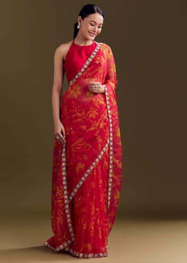 Red Organza Saree With Cutdana Beads And Botanical Print