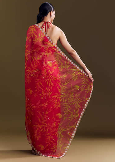 Red Organza Saree With Cutdana Beads And Botanical Print