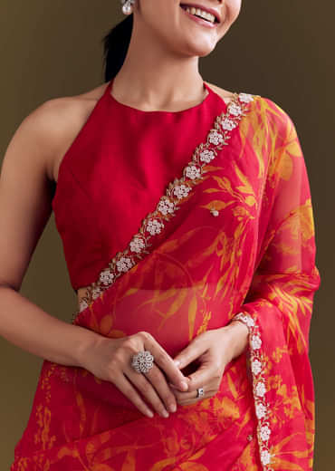 Red Organza Saree With Cutdana Beads And Botanical Print