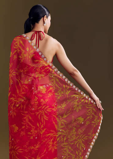 Red Organza Saree With Cutdana Beads And Botanical Print
