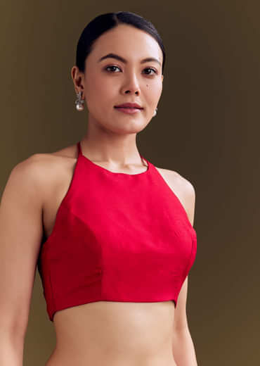 Red Organza Saree With Cutdana Beads And Botanical Print