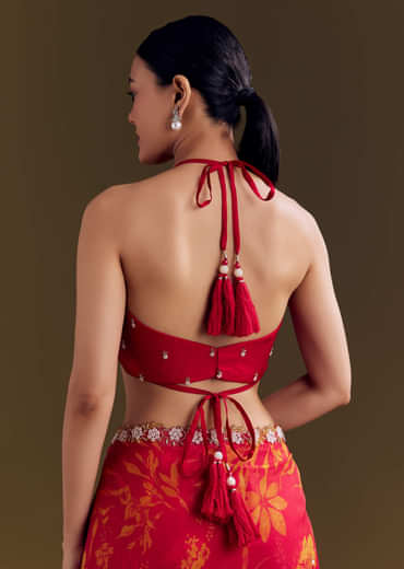 Red Organza Saree With Cutdana Beads And Botanical Print