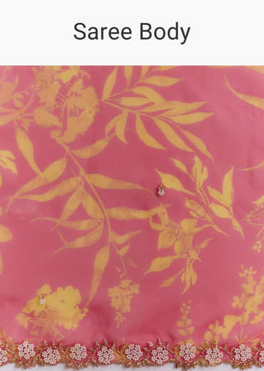 Red Organza Saree With Cutdana Beads And Botanical Print