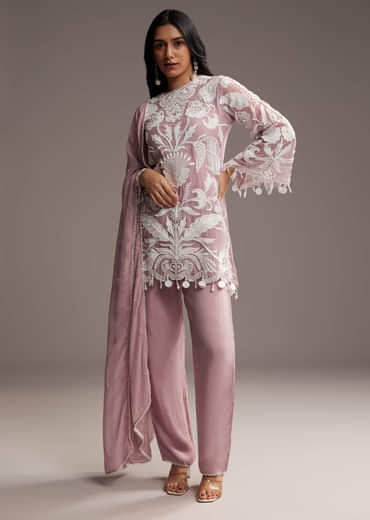 Lilac Purple Organza Kurta Set With Thread And Moti Work