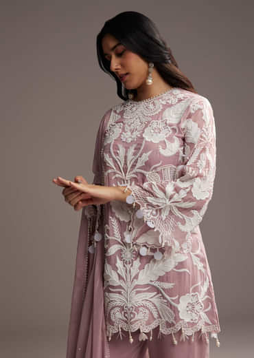 Lilac Purple Organza Kurta Set With Thread And Moti Work