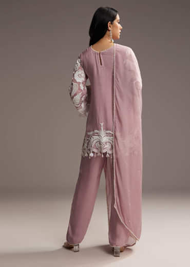 Lilac Purple Organza Kurta Set With Thread And Moti Work