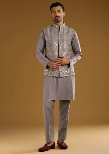 Lilac Rayon Kurta Jacket Set For Men With Resham And Gota Work