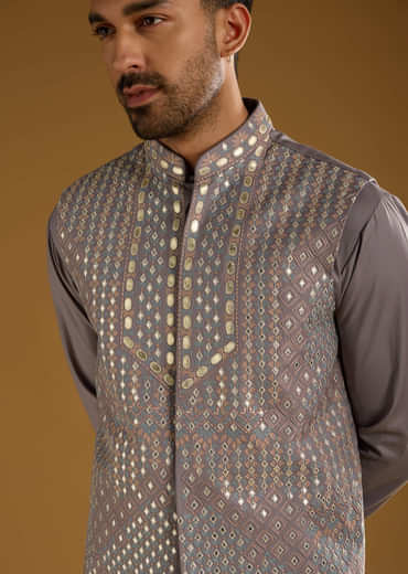 Lilac Rayon Kurta Jacket Set For Men With Resham And Gota Work