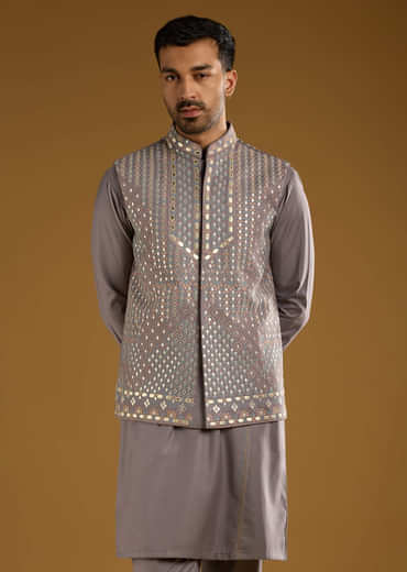 Lilac Rayon Kurta Jacket Set For Men With Resham And Gota Work