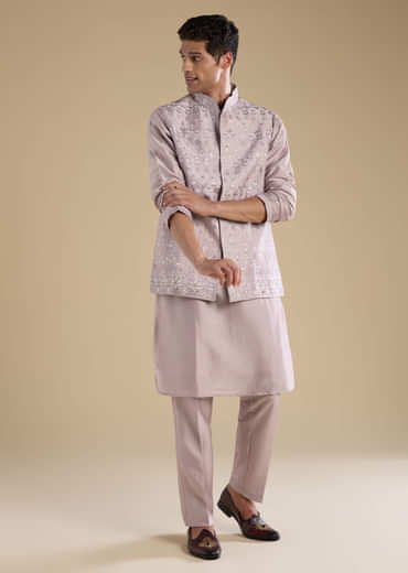 Lilac Silk Jacket Kurta Set with Mirror Embellishments