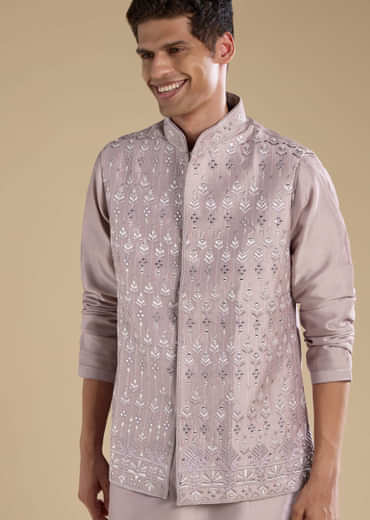 Lilac Silk Jacket Kurta Set with Mirror Embellishments