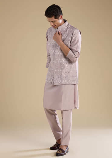 Lilac Silk Jacket Kurta Set with Mirror Embellishments