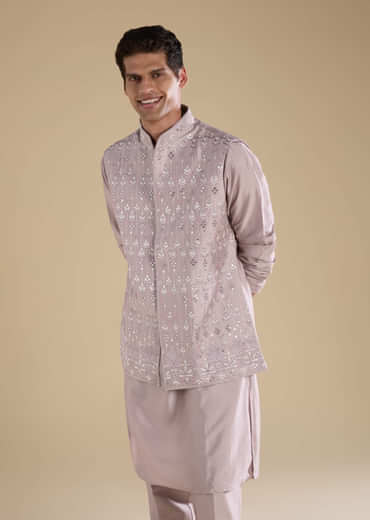 Lilac Silk Jacket Kurta Set with Mirror Embellishments