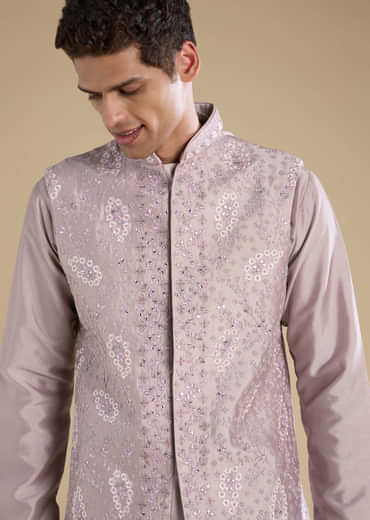 Lilac Silk Jacket Kurta Set with Mirror Work