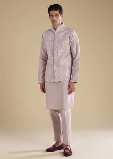 Lilac Silk Jacket Kurta Set with Mirror Work