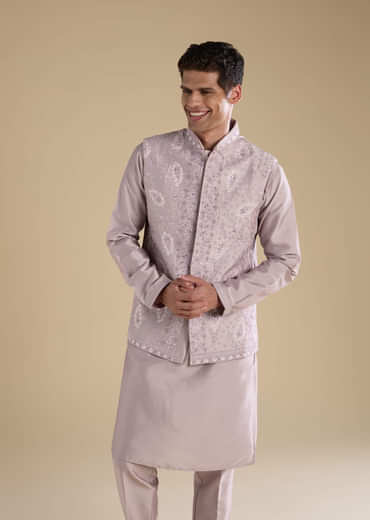 Lilac Silk Jacket Kurta Set with Mirror Work