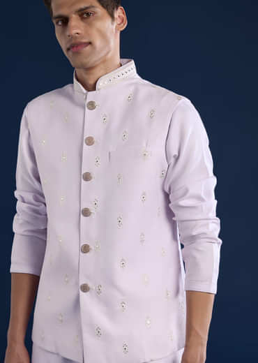 Lilac Silk Jacket Kurta Set with Sequin Embroidery