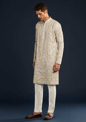Lilac Silk Mens Kurta Set with Resham Sequin Work