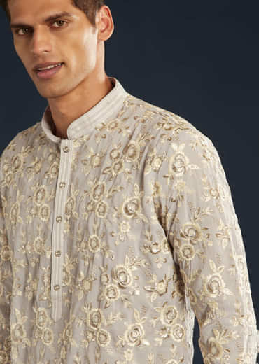 Lilac Silk Mens Kurta Set with Resham Sequin Work