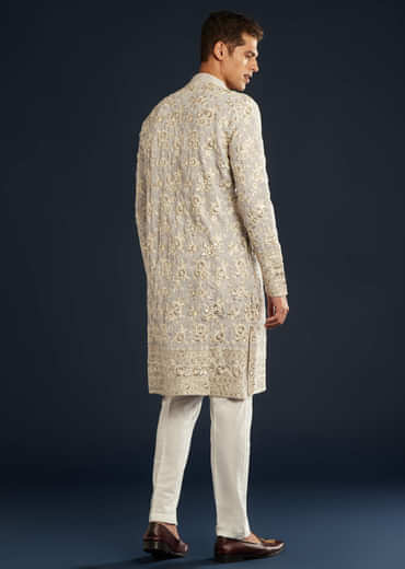 Lilac Silk Mens Kurta Set with Resham Sequin Work