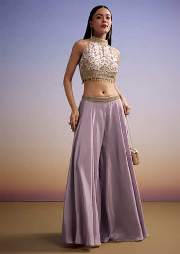 Lilac Tissue Crop Top Set With Orange Pastel Embroidery