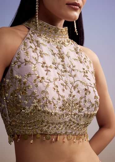 Lilac Tissue Crop Top Set With Orange Pastel Embroidery