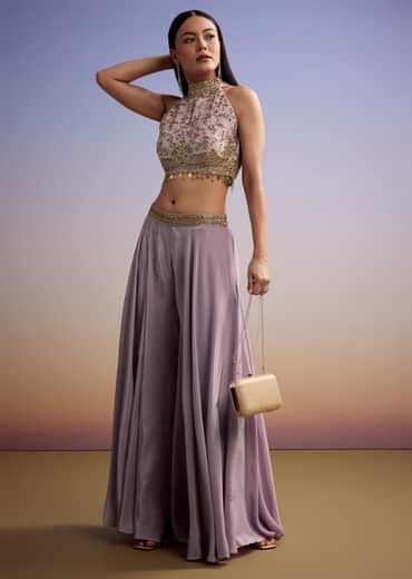 Lilac Tissue Crop Top Set With Orange Pastel Embroidery