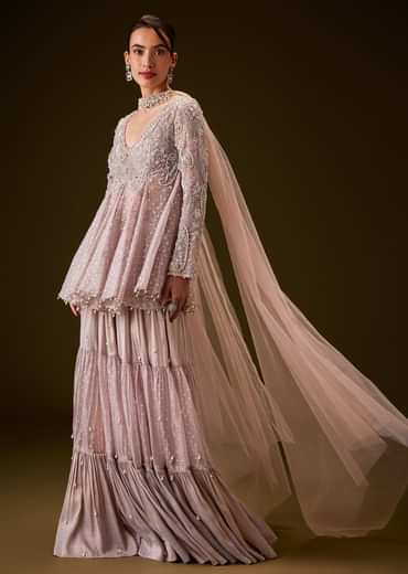 Lilac Banarasi Silk Sharara Set With Choker Dupatta