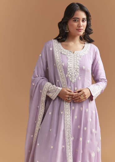 Lilac Cotton Anarkali Suit With Delicate Thread Work