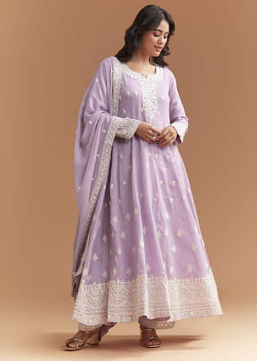 Lilac Cotton Anarkali Suit With Delicate Thread Work