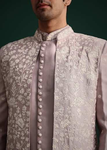 Lilac Cotton Silk Sherwani Kurta Set With Hand Work