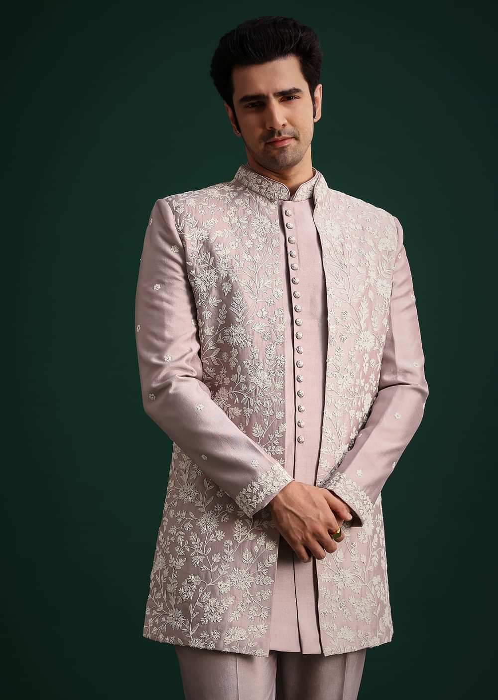 Lilac Cotton Silk Sherwani Kurta Set With Hand Work