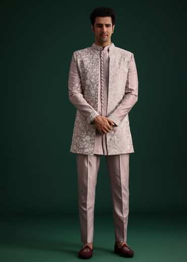 Lilac Cotton Silk Sherwani Kurta Set With Hand Work