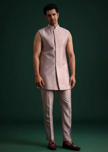 Lilac Cotton Silk Sherwani Kurta Set With Hand Work