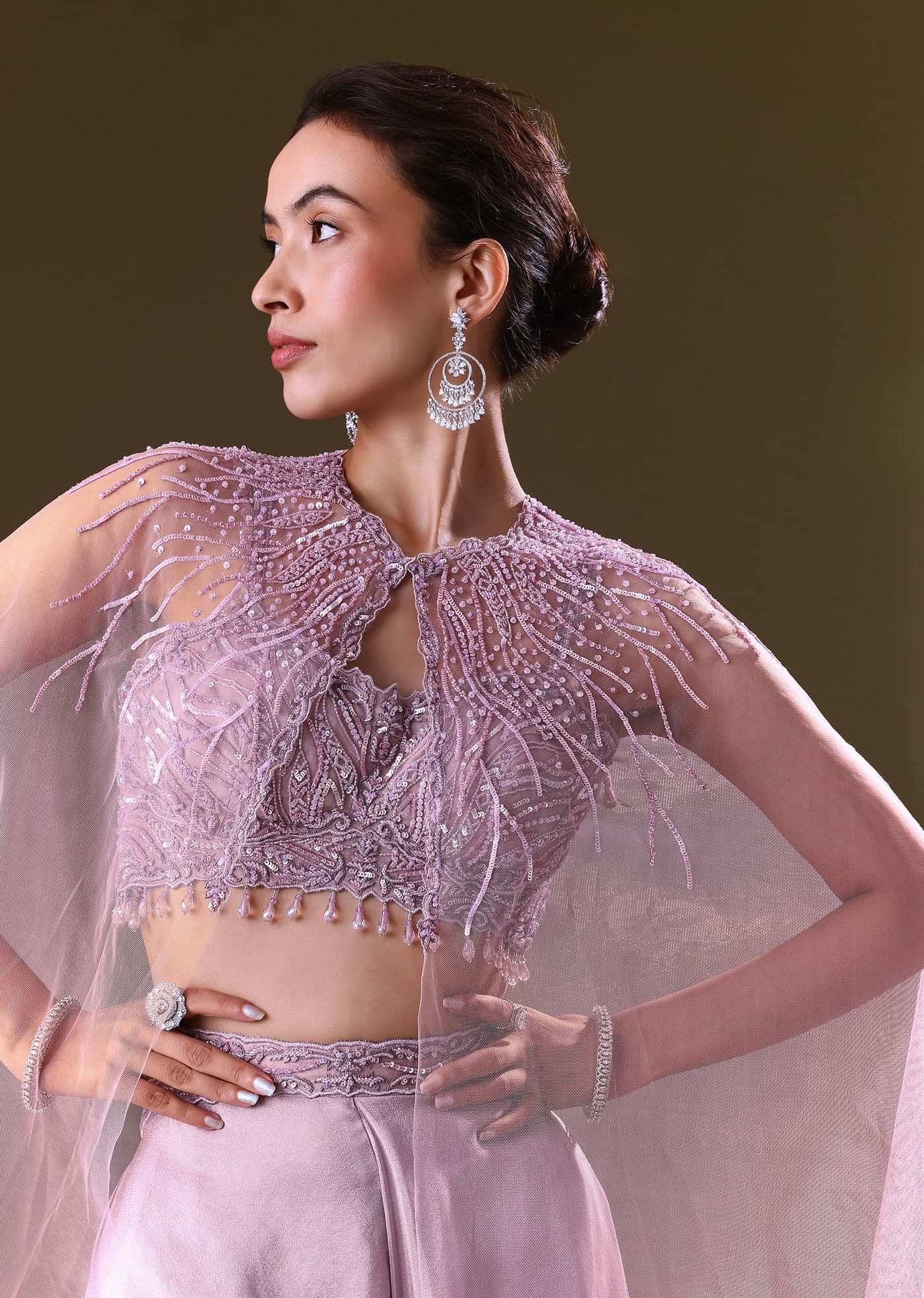 Lilac Embroidered Bustier And Cape With Flared Pant