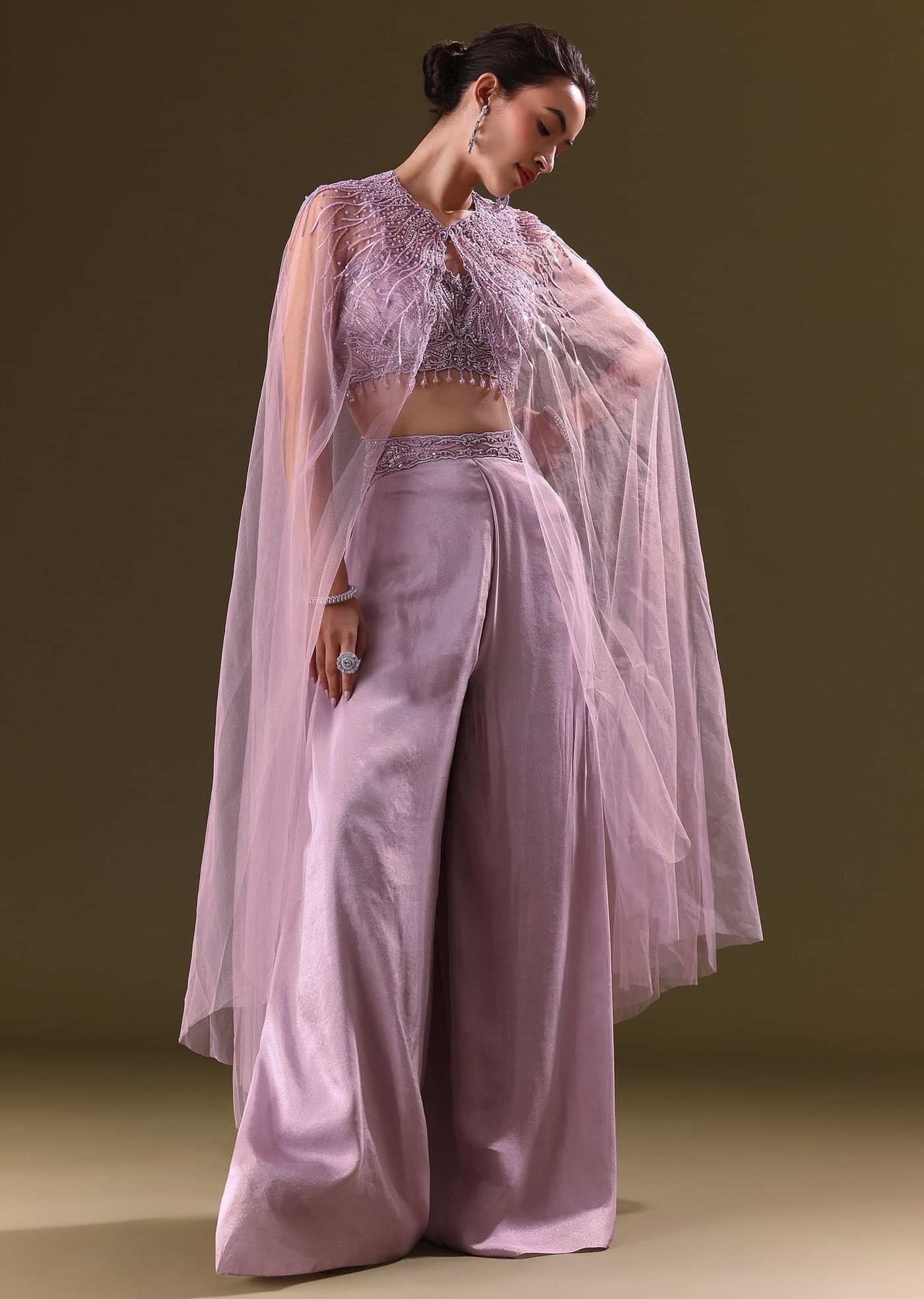 Lilac Embroidered Bustier And Cape With Flared Pant