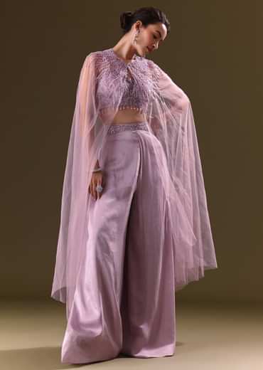 Lilac Embroidered Bustier And Cape With Flared Pant