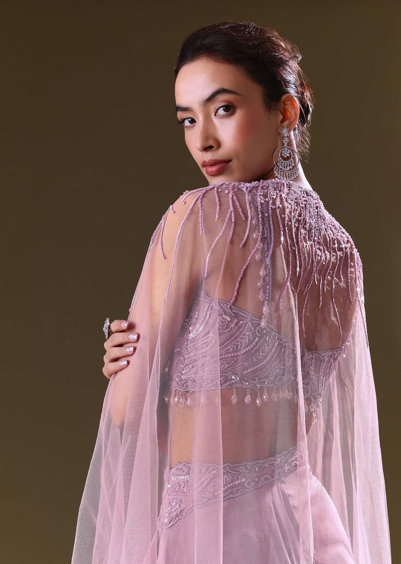 Lilac Embroidered Bustier And Cape With Flared Pant