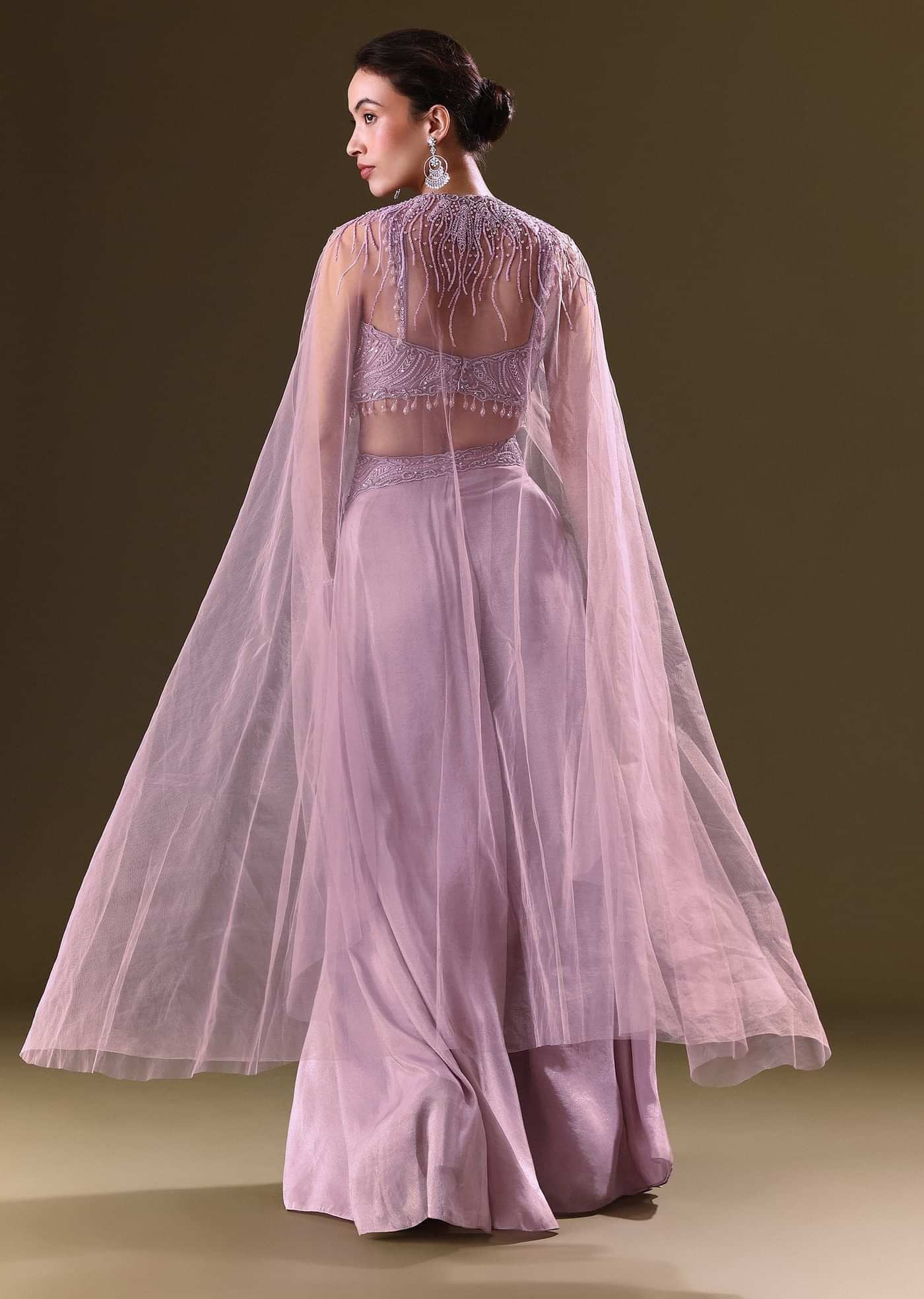 Lilac Embroidered Bustier And Cape With Flared Pant